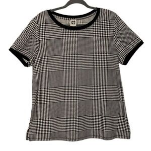 Anne Klein Black/Ivory Houndstooth Glen Plaid Pattern Short-Sleeve Top L NWT